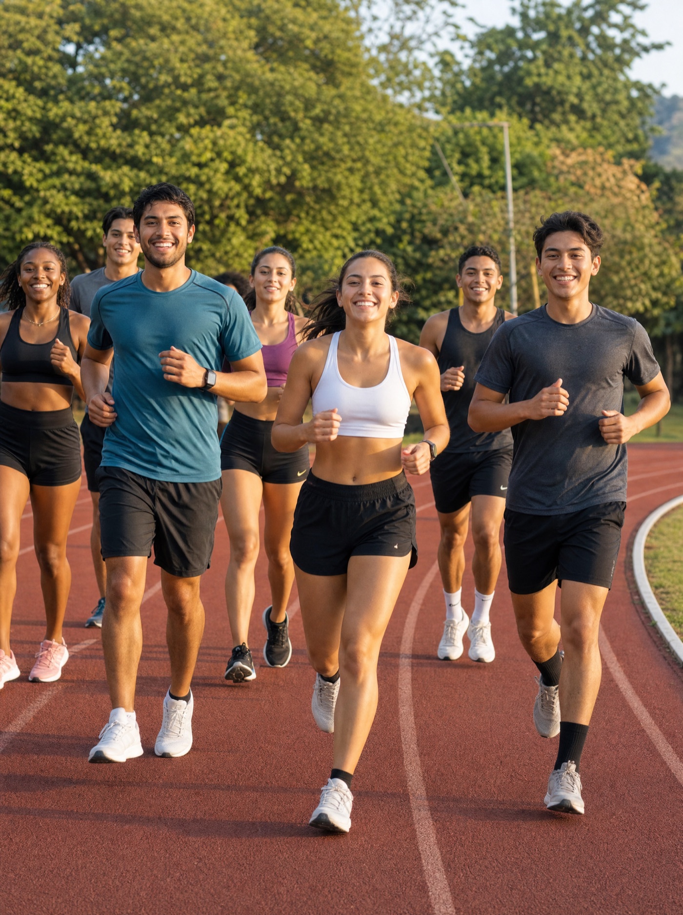 Grupo de deportistas corriendo juntos en una pista al aire libre