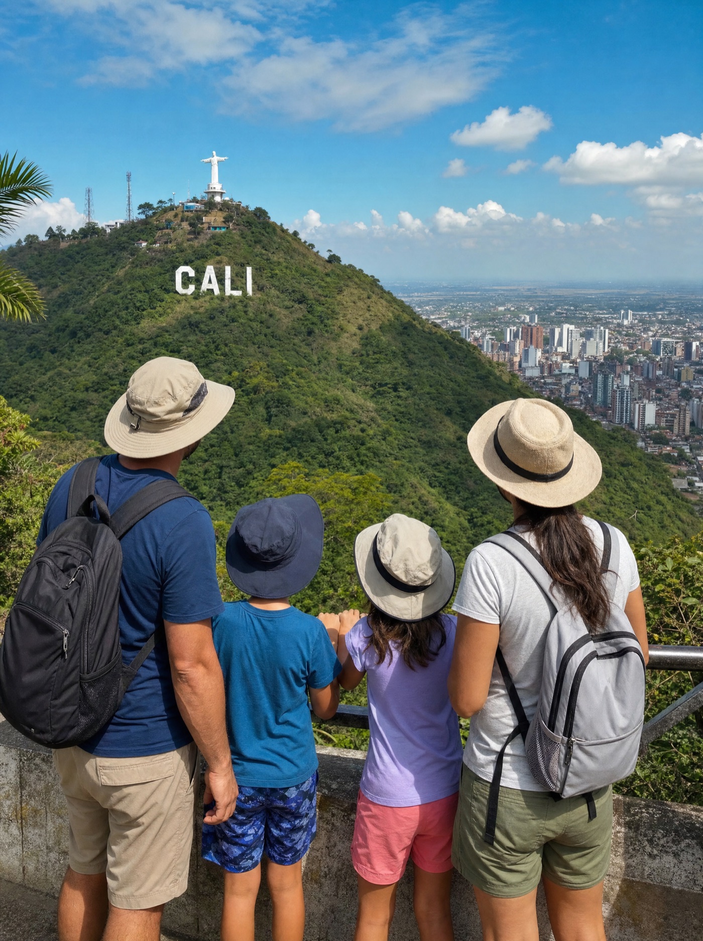 Familia mirando Cali desde un mirador, con el letrero CALI y Cristo Rey al fondo