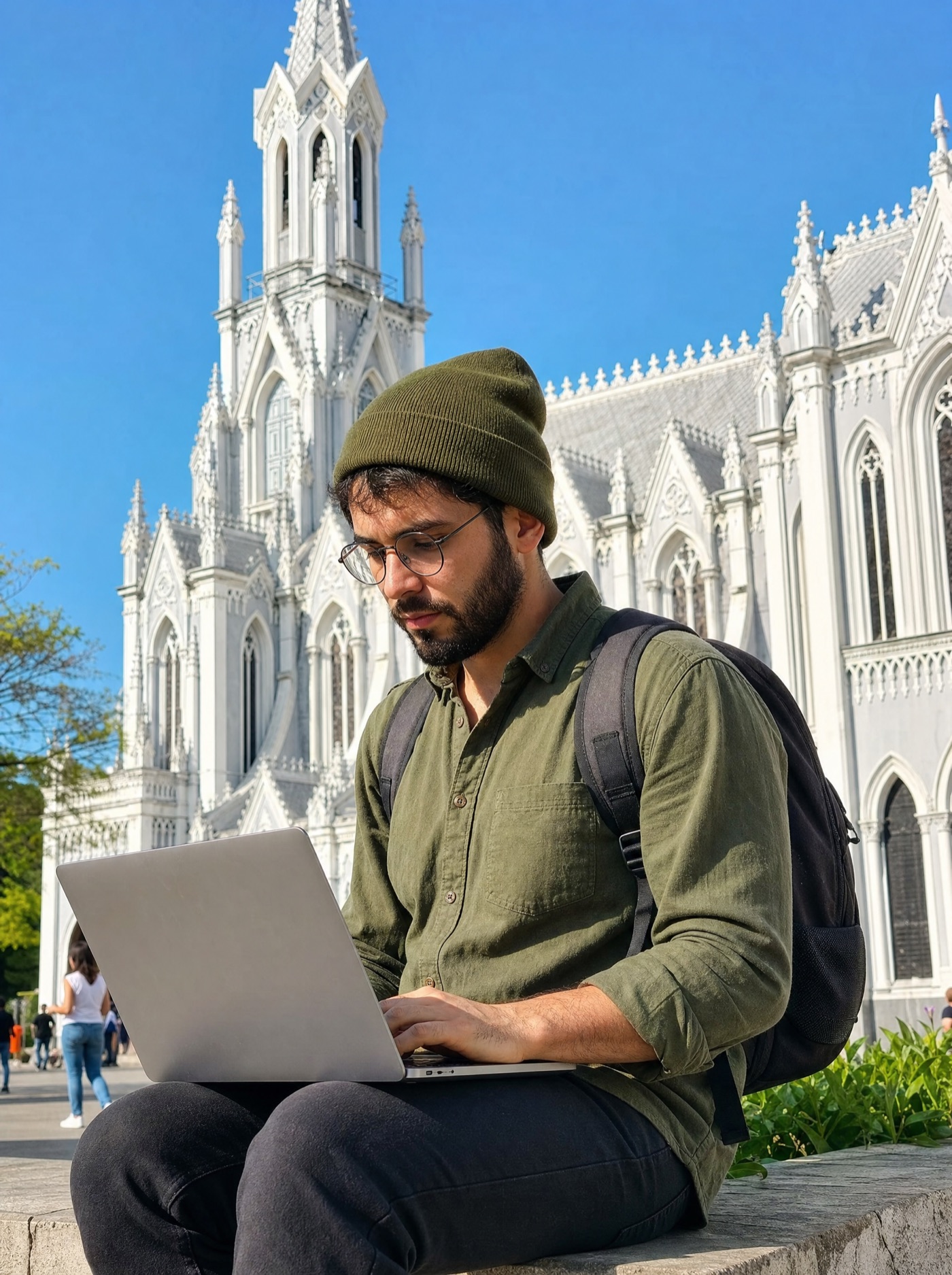 Nómada digital trabajando en un portátil frente a una iglesia de Cali